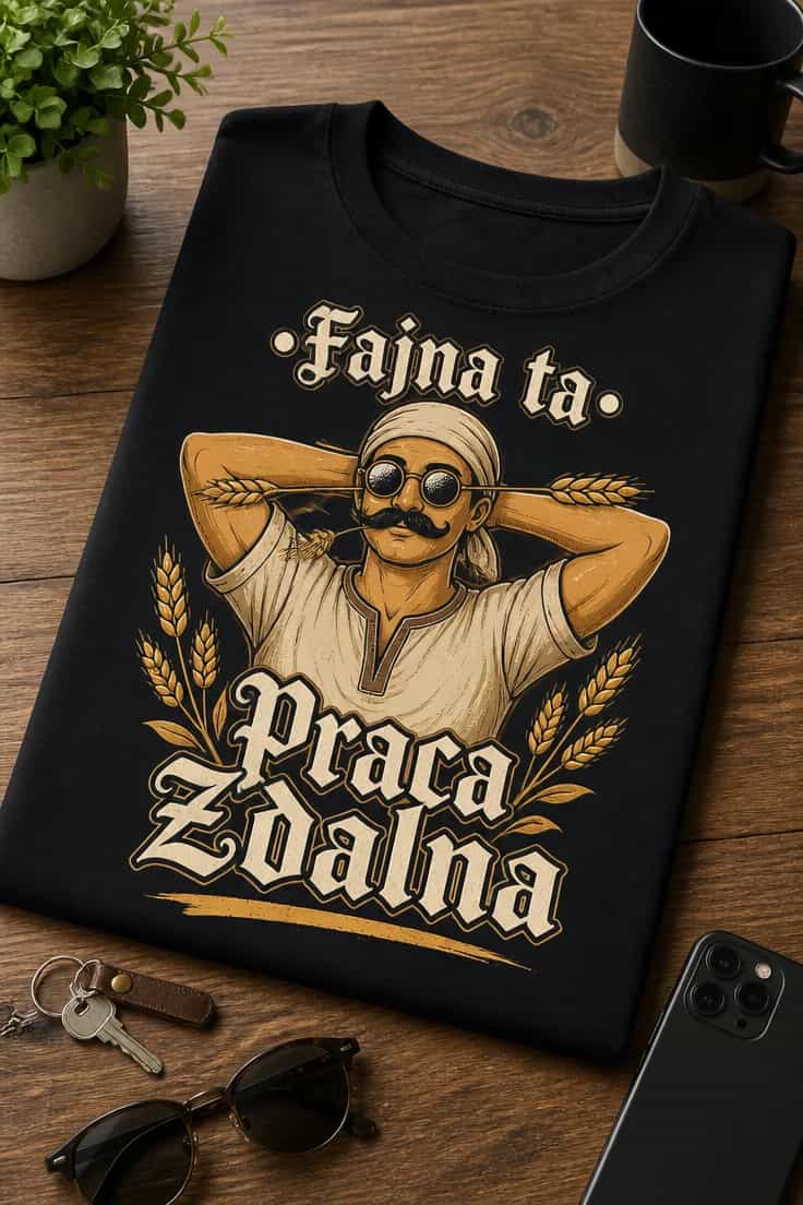Koszulka z krótkim motywem – •Fajna ta• Praca Zdalna