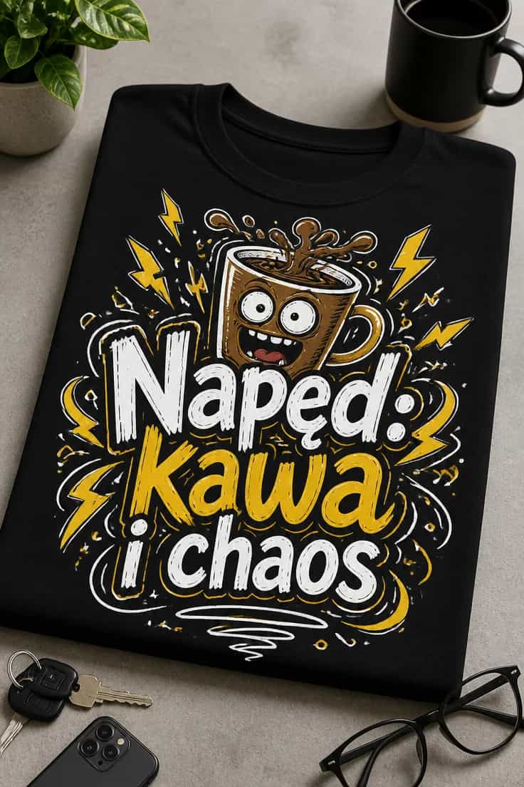 Koszulka z napisem Napęd: kawa i chaos