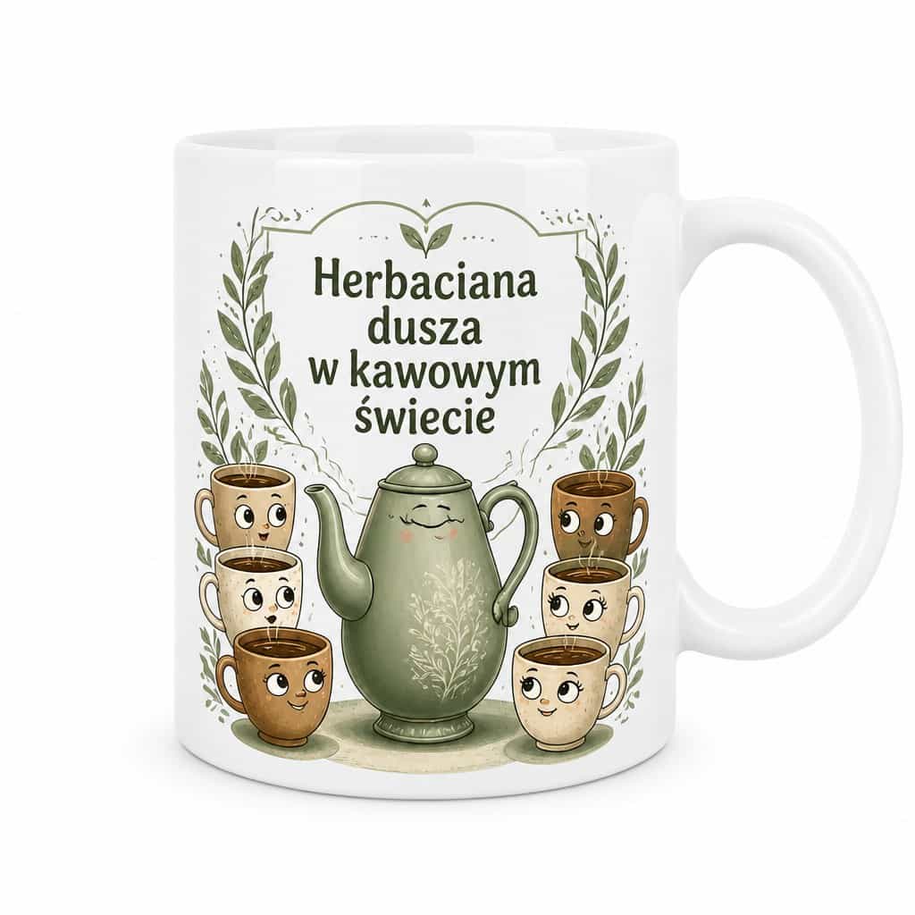 Kubek z hasłem „Herbaciana dusza w kawowym świecie”