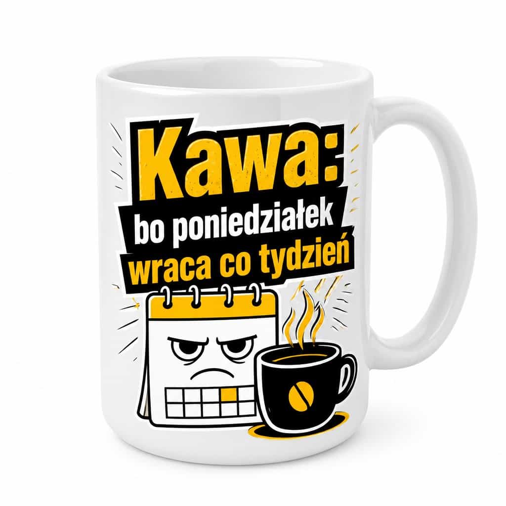 Kubek z nadrukiem Kawa: bo poniedziałek wraca co tydzień