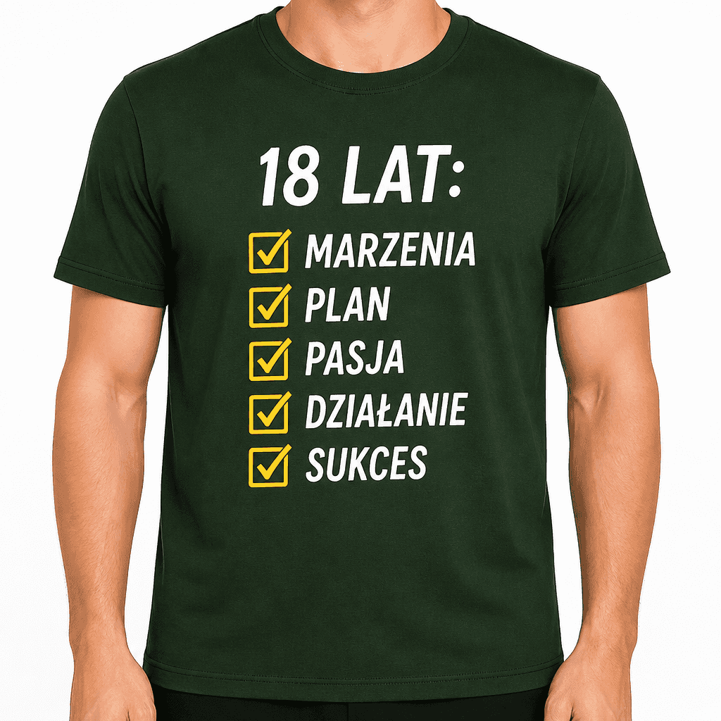 Koszulka na 18. urodziny – 18 lat: marzenia plan pasja działanie sukces