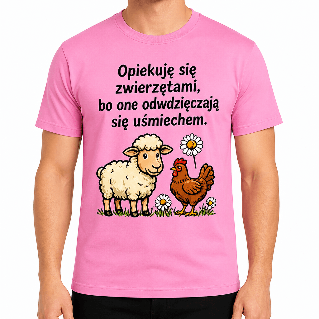 Koszulka dla rolnika – Opiekuję się zwierzętami, bo one odwdzięczają się uśmiechem.