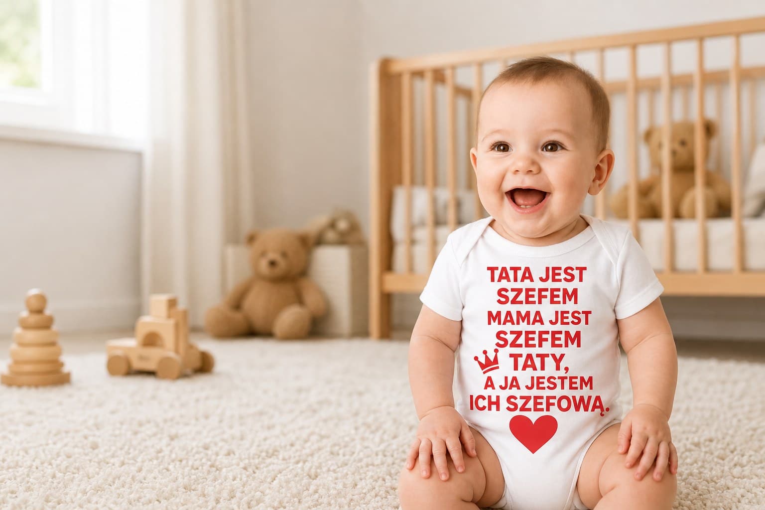 Niemowlę w body z napisem „Tata jest szefem”