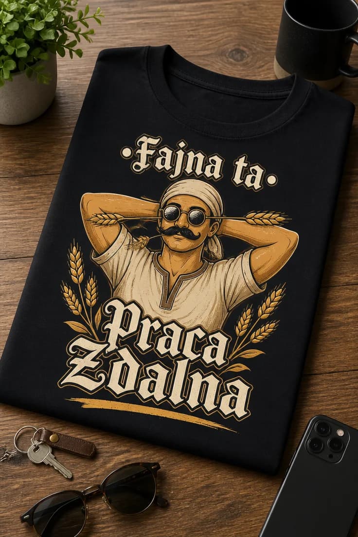 Koszulka z krótkim motywem – •Fajna ta• Praca Zdalna