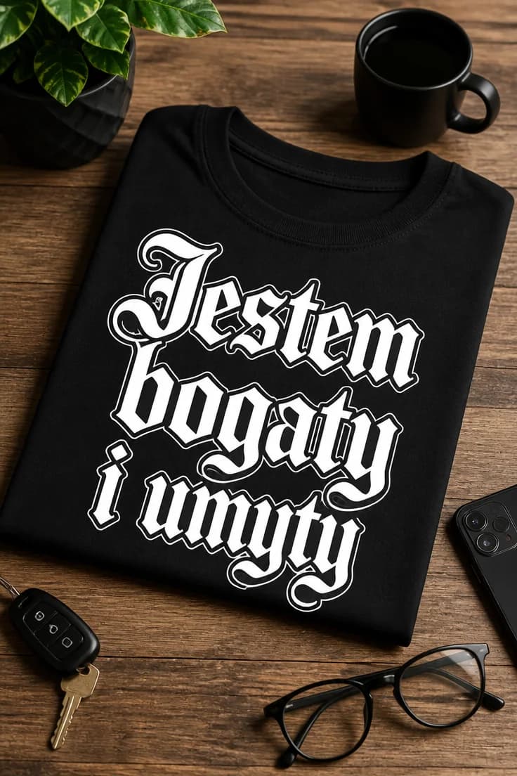 Koszulka z krótkim motywem 1-3 słowa – Jestem bogaty i umyty