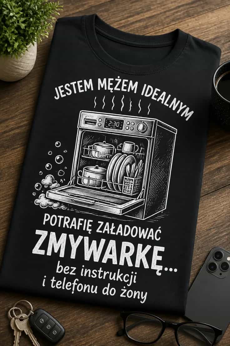 Koszulka męża idealnego ładuje zmywarkę bez instrukcji