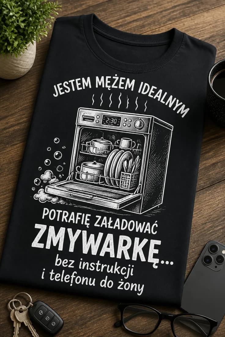 Koszulka męża idealnego ładuje zmywarkę bez instrukcji