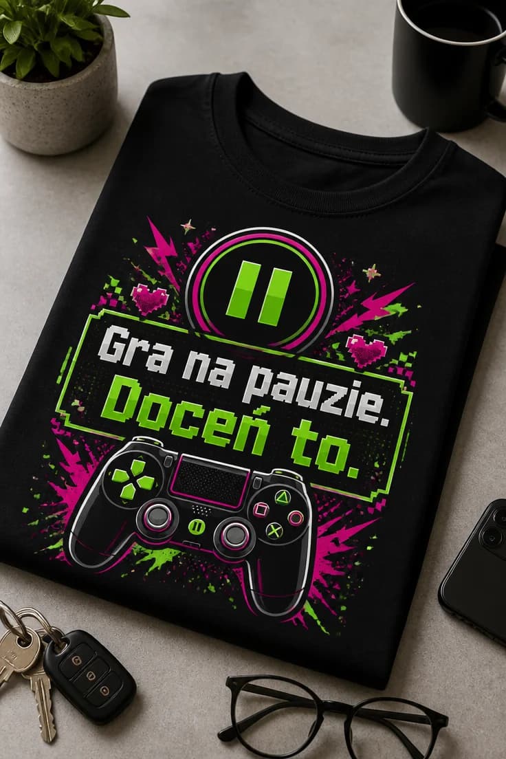 Koszulka gamingowa „Gra na pauzie. Doceń to.”