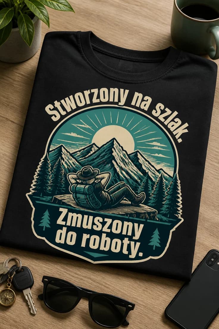Koszulka hikingowa – Stworzony na szlak. Zmuszony do roboty.