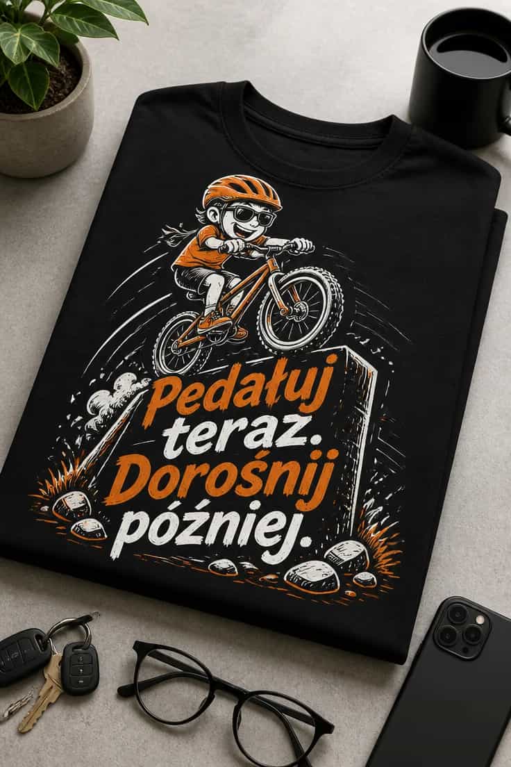 Koszulka rowerowa Pedałuj teraz. Dorośnij później.