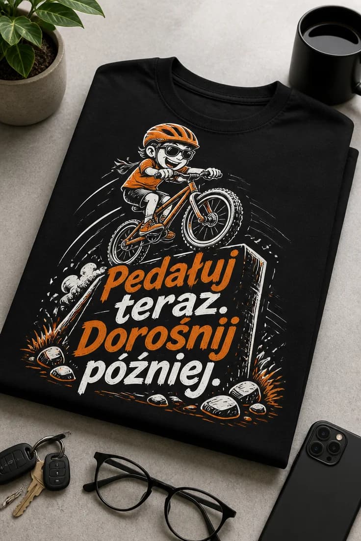 Koszulka rowerowa Pedałuj teraz. Dorośnij później.