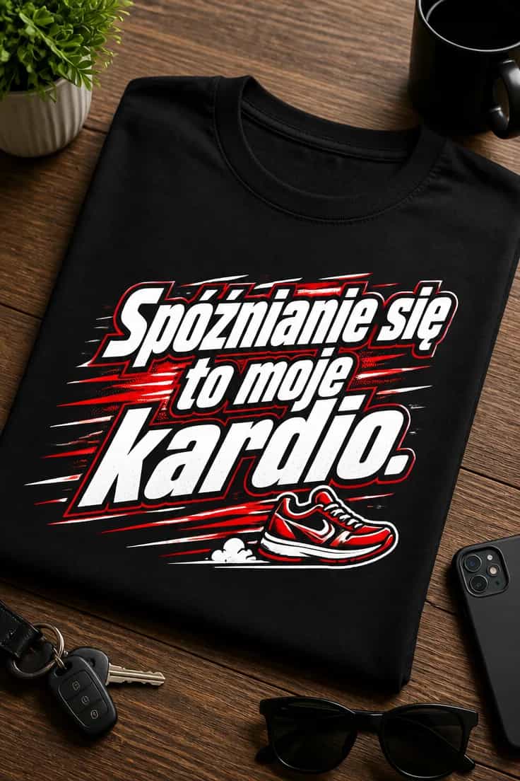 Koszulka z napisem Spóźnianie się to moje kardio.