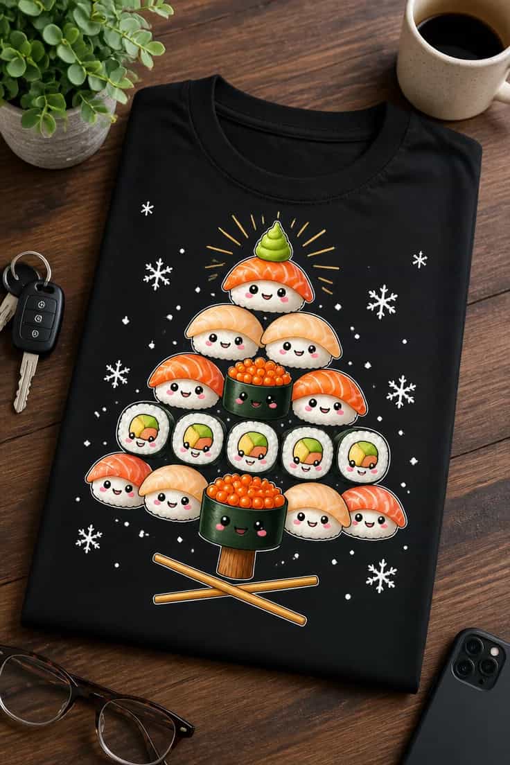 Koszulka świąteczna choinka z sushi