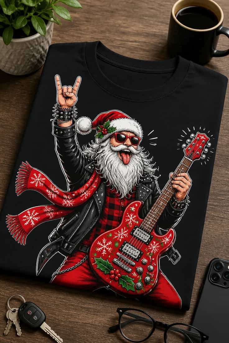 Koszulka świąteczna z rockowym Mikołajem