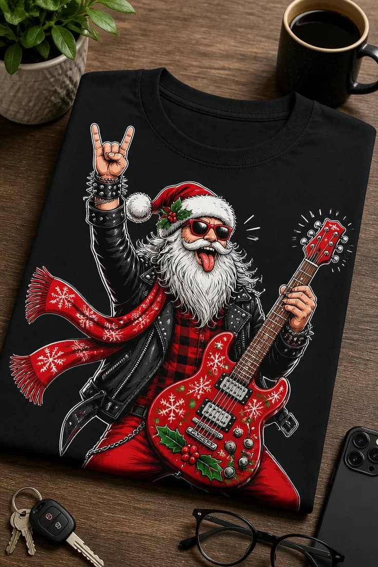 Koszulka świąteczna z rockowym Mikołajem