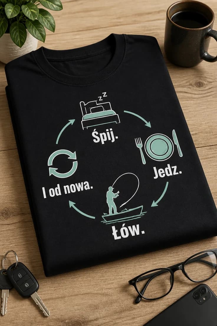 Koszulka wędkarska Śpij. Jedz. Łów. I od nowa.
