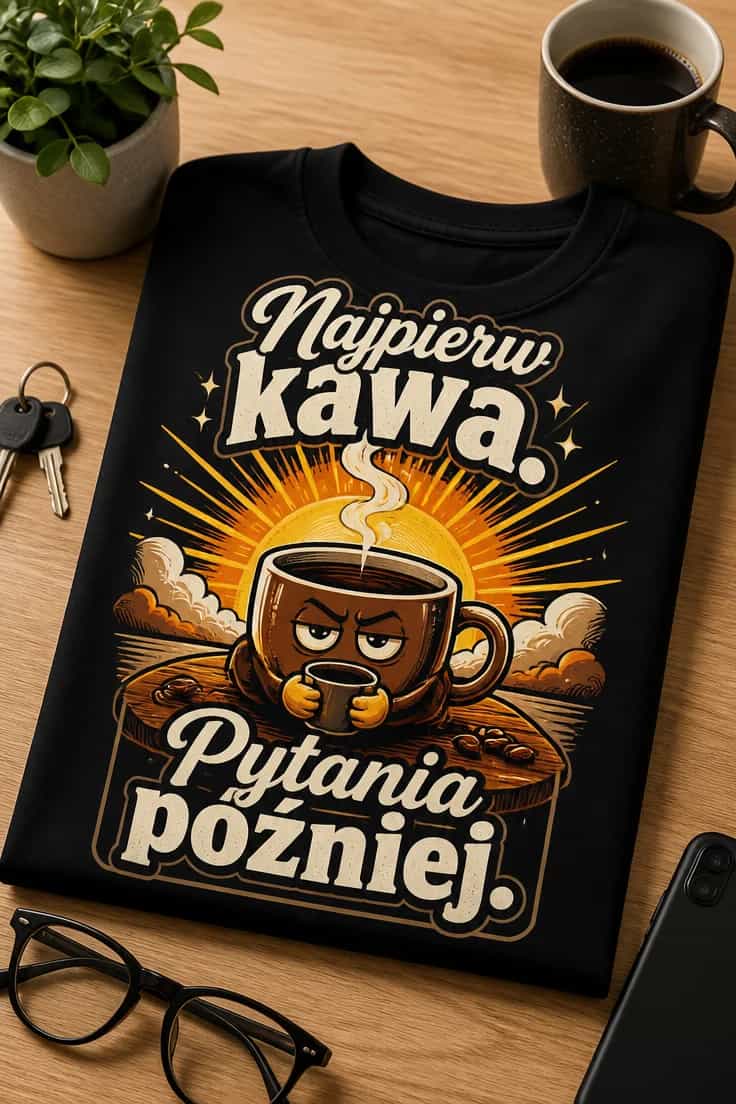 Koszulka z motywem kawy: Najpierw kawa. Pytania później.