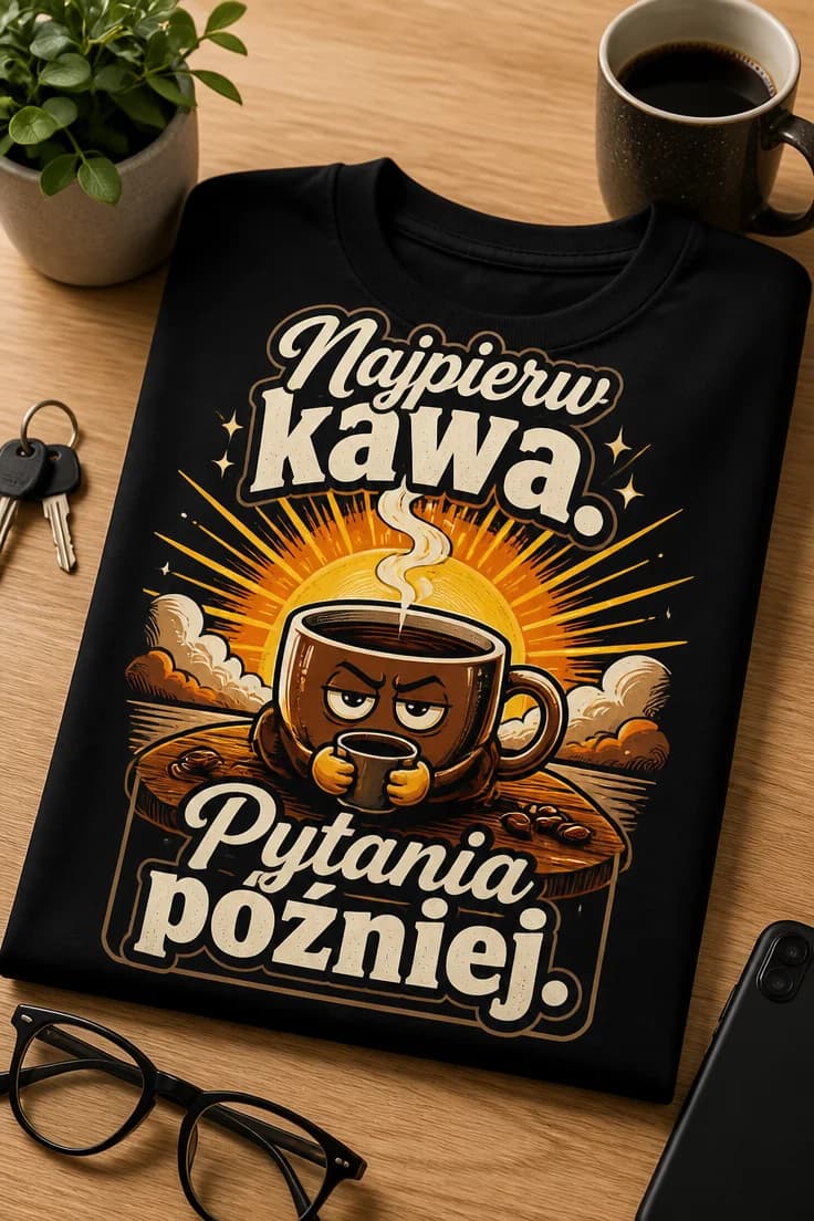 Koszulka z motywem kawy: Najpierw kawa. Pytania później.