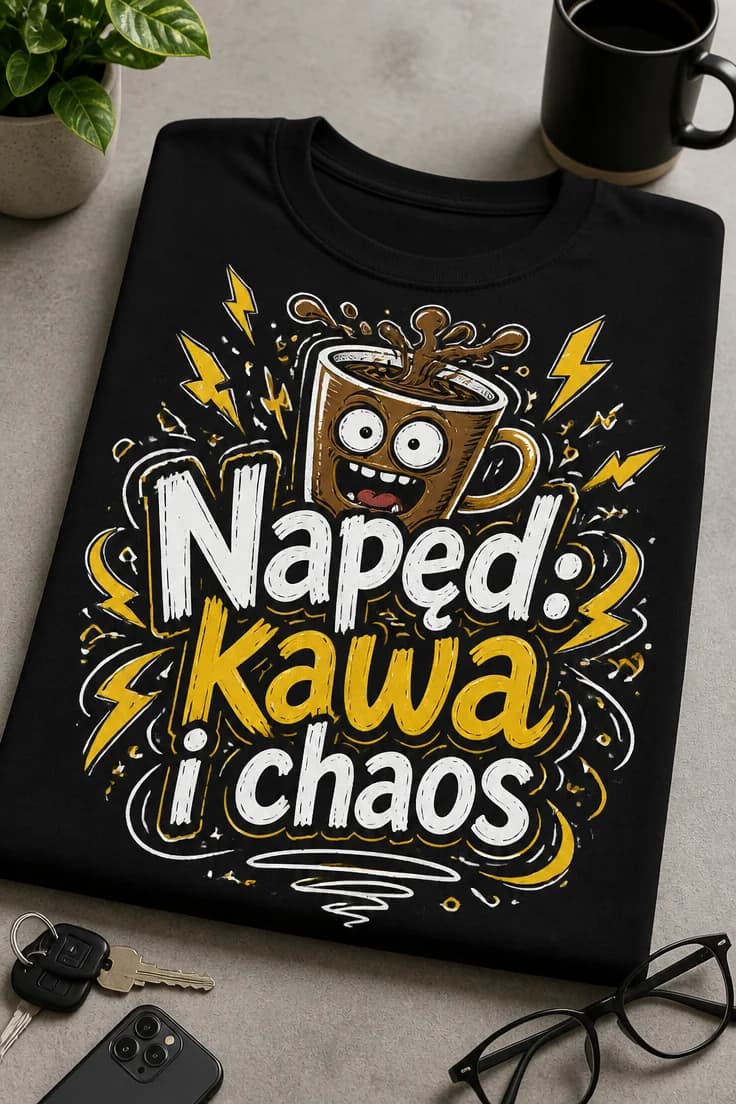 Koszulka z napisem Napęd: kawa i chaos