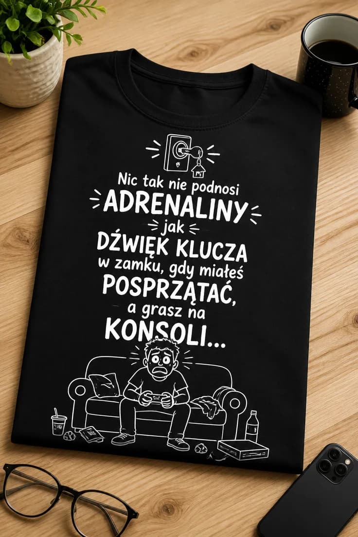 Koszulka gracza adrenalina dźwięk klucza zamiast sprzątania