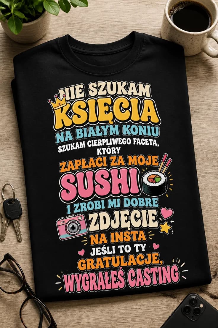 Koszulka dla singielki szukającej faceta od sushi i zdjęć