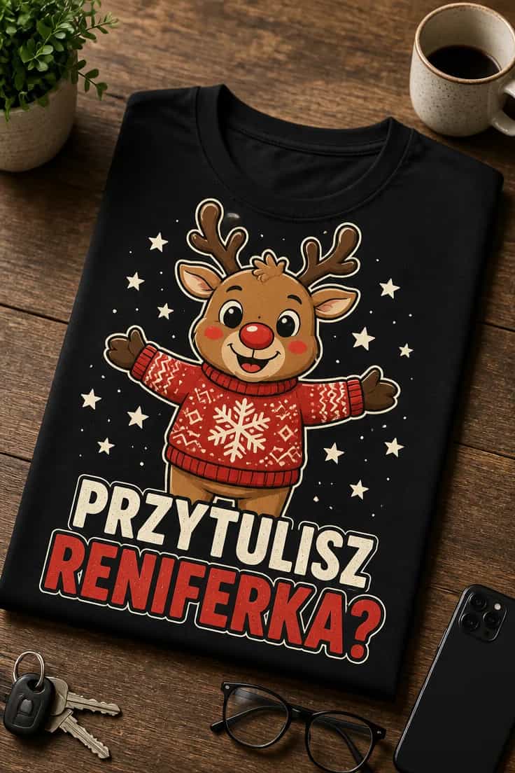 Koszulka z krótkim motywem – Przytulisz Reniferka?