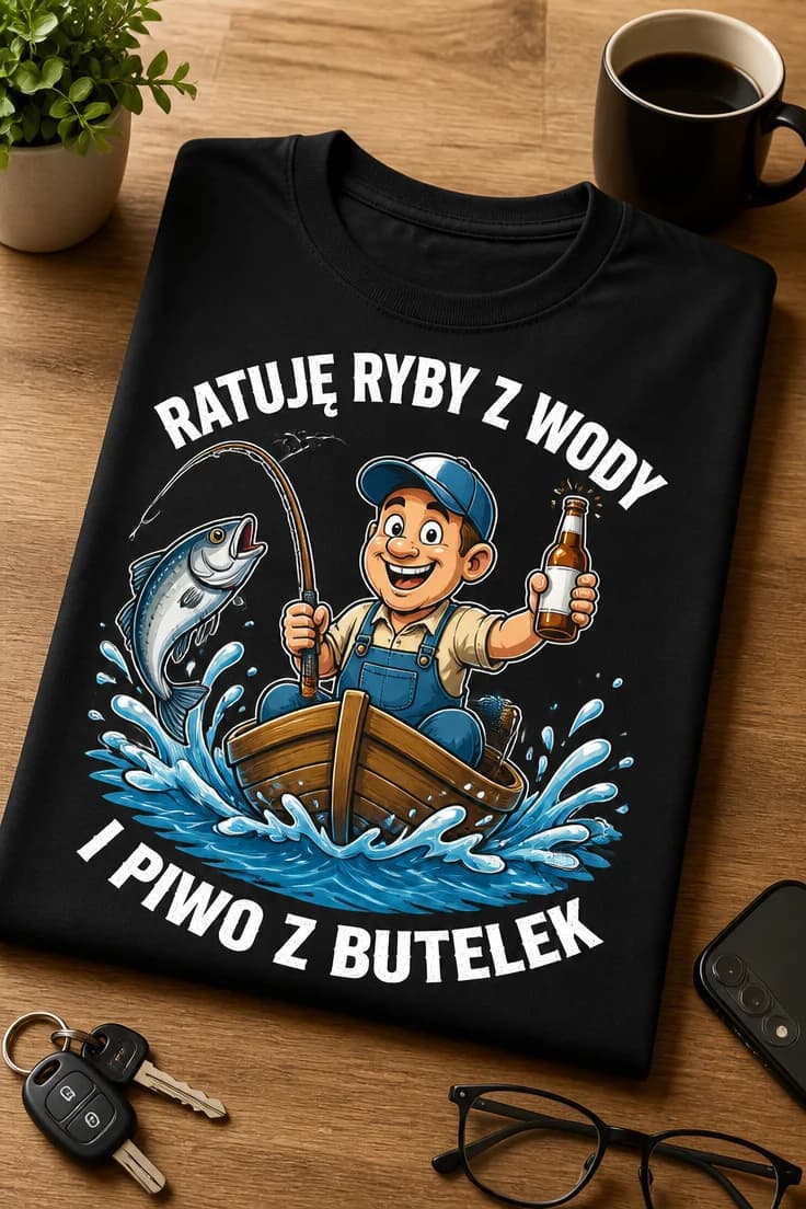 Koszulka dla wędkarza – Ratuję Ryby Z Wody I Piwo Z Butelek