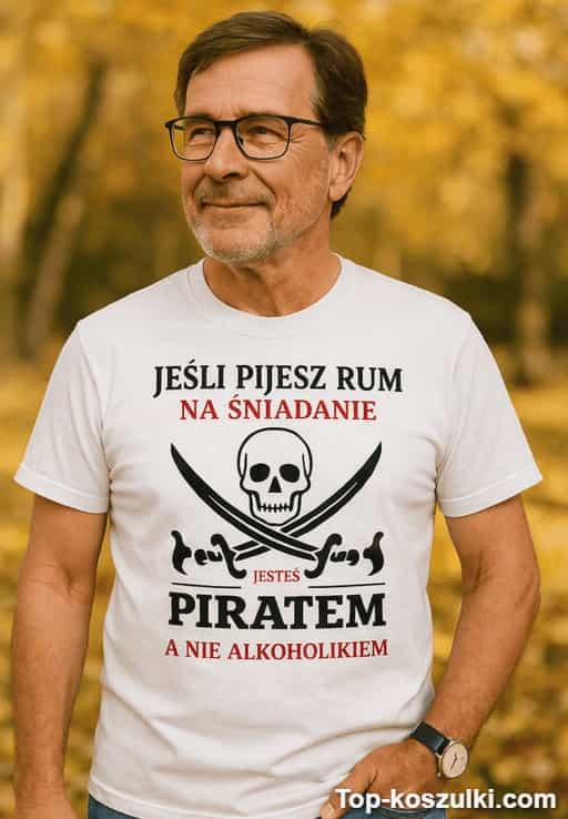 Śmieszna koszulka pirat rum na śniadanie
