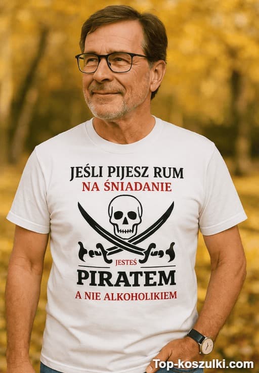 Śmieszna koszulka pirat rum na śniadanie