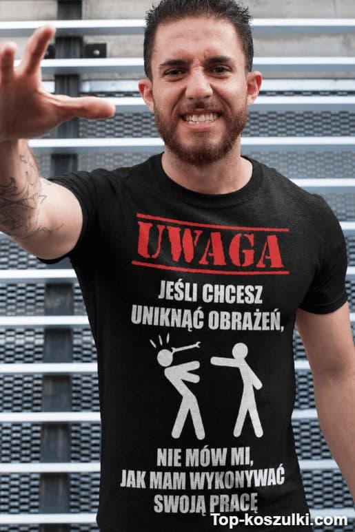 Śmieszna koszulka uwaga unikaj obrażeń
