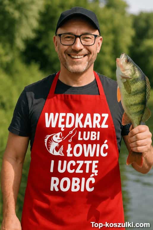Śmieszny fartuch wędkarz łowi i ucztę robi