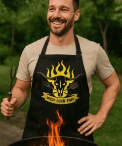 Śmieszny fartuch mięso ogień piwo