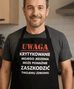 Śmieszny fartuch uwaga krytykowanie jedzenia