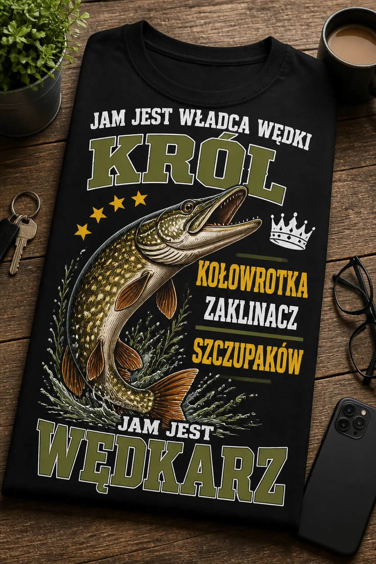 Koszulka dla wędkarza – Jam Jest Władca Wędki Król Kołowrotka Zaklinacz Szczupaków Jam Jest Wędkarz – śmieszna koszulka z nadrukiem