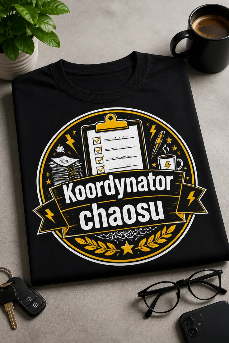Koszulka z napisem Koordynator chaosu w stylu biurowej odznaki, z klipbordem, błyskawicami i kubkiem kawy